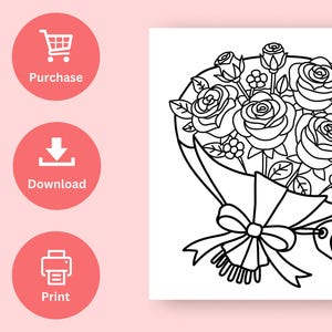 May include: A black and white line drawing of a bouquet of roses tied with a ribbon and a heart-shaped tag. The roses are arranged in a circular shape and have a classic design.