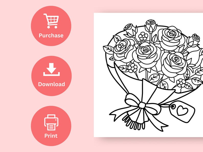 May include: A black and white line drawing of a bouquet of roses tied with a ribbon and a heart-shaped tag. The roses are arranged in a circular shape and have a classic design.