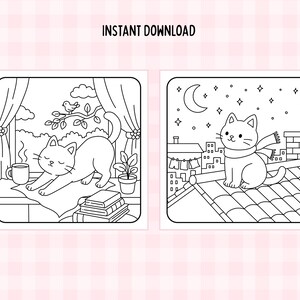 May include: Two black and white illustrations of cats. One shows a cat stretching by a window with a cup of coffee and books. The other shows a cat on a rooftop with a scarf under a crescent moon and stars. Text: INSTANT DOWNLOAD.