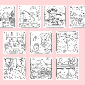 May include: A set of nine black and white coloring pages featuring cute animal characters. The pages depict various scenes, including a girl gardening, a bear fishing, a girl with a flower crown, a girl with an umbrella, two bunnies, a girl having tea, a girl sleeping, and a girl having a picnic.
