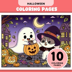 May include: A coloring page featuring a ghost and a cat dressed as a witch, both holding trick-or-treat bags. They are surrounded by pumpkins and candy. The page is titled "Halloween Coloring Pages" and includes the text "10 Coloring Pages".