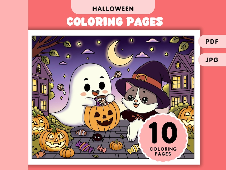 May include: A coloring page featuring a ghost and a cat dressed as a witch, both holding trick-or-treat bags. They are surrounded by pumpkins and candy. The page is titled "Halloween Coloring Pages" and includes the text "10 Coloring Pages".