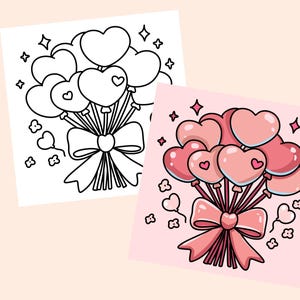 May include: A coloring page featuring a bouquet of pink heart-shaped balloons tied together with a pink bow. The balloons are surrounded by small pink hearts and stars.