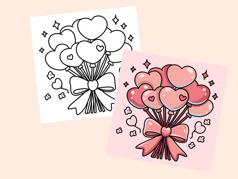 May include: A coloring page featuring a bouquet of pink heart-shaped balloons tied together with a pink bow. The balloons are surrounded by small pink hearts and stars.