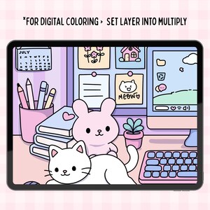 May include: A digital illustration on a tablet featuring a cute desk scene. A white cat and pink bunny are in the foreground. The background includes a calendar, notes, a computer, and stationery. Text at the top says, "FOR DIGITAL COLORING > SET LAYER INTO MULTIPLY."