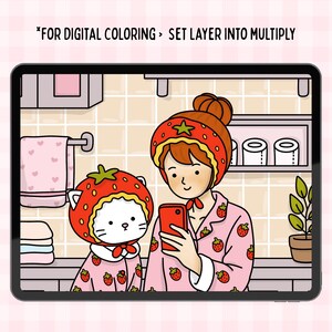 May include: Digital illustration of two figures in a bathroom setting. Both figures are wearing matching pink strawberry pajamas and hats. One figure is holding a red phone. The image includes the text "FOR DIGITAL COLORING > SET LAYER INTO MULTIPLY".