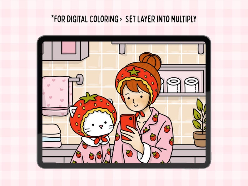 May include: Digital illustration of two figures in a bathroom setting. Both figures are wearing matching pink strawberry pajamas and hats. One figure is holding a red phone. The image includes the text "FOR DIGITAL COLORING > SET LAYER INTO MULTIPLY".