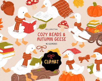 Fall Goose PNG , Cute Fall Season Goose , Fall Goose Clipart , Goose Reading Book , Silly Goose Book, Goose Book PNG Commercial License