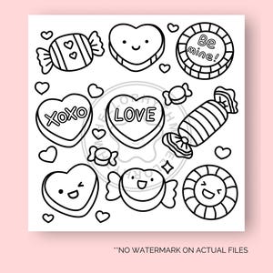 May include: Black and white line art illustrations of Valentine's Day themed candy and hearts. The illustrations include hearts with the words "XOXO", "LOVE", and "Be Mine!" as well as candy hearts and candy with a swirl design.