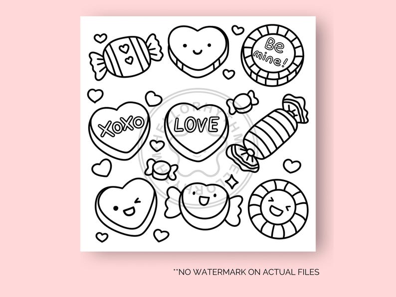 May include: Black and white line art illustrations of Valentine's Day themed candy and hearts. The illustrations include hearts with the words "XOXO", "LOVE", and "Be Mine!" as well as candy hearts and candy with a swirl design.
