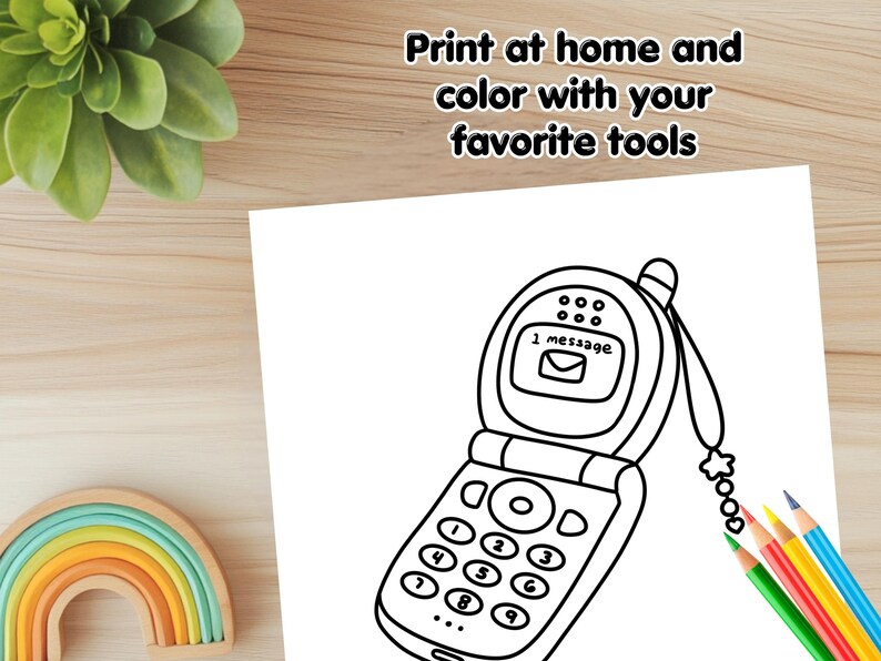 May include: A black and white line drawing of a flip phone with a keypad and a screen that says "1 message". The phone has a charm attached to it.