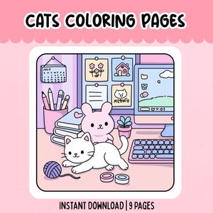 May include: A digital illustration of a cat-themed coloring page. The image features a white cat, a pink bunny, and a desk with a computer, books, and a calendar. The text "CATS COLORING PAGES" is at the top.