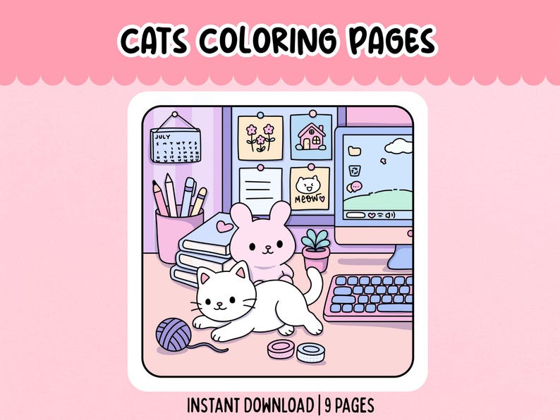 May include: A digital illustration of a cat-themed coloring page. The image features a white cat, a pink bunny, and a desk with a computer, books, and a calendar. The text "CATS COLORING PAGES" is at the top.