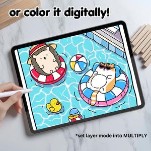 K&ouml;nnte beinhalten: Eine digitale Illustration eines Igels und einer Katze, die auf aufblasbaren Ringen in einem Pool schwimmen. Der Igel tr&auml;gt einen Strohhut und die Katze tr&auml;gt eine Sonnenbrille. Der Text "or color it digitally!" befindet sich oben im Bild. Der Text "*set layer mode into MULTIPLY" befindet sich unten im Bild.