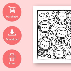 May include: Black and white coloring page featuring a pattern of cats wearing astronaut helmets and spacesuits. The cats are surrounded by stars, planets, and clouds.