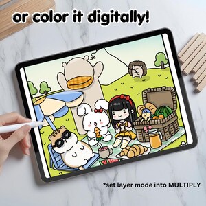 May include: A digital illustration of a picnic scene with a bear, a rabbit, a cat, and a girl. The characters are sitting on a blanket with a picnic basket, food, and a parasol. The text "or color it digitally!" is at the top of the image. The text "*set layer mode into MULTIPLY" is at the bottom of the image.
