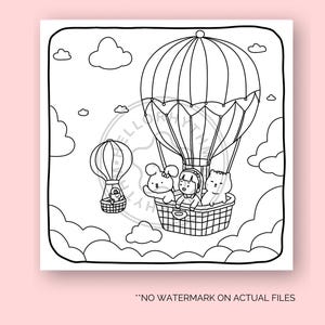 K&ouml;nnte beinhalten: Eine Schwarzwei&szlig;-Malvorlage mit einem Hei&szlig;luftballon, in dem ein M&auml;dchen, ein Kaninchen und eine Katze im Korb sitzen. Der Ballon fliegt mit Wolken am Himmel.