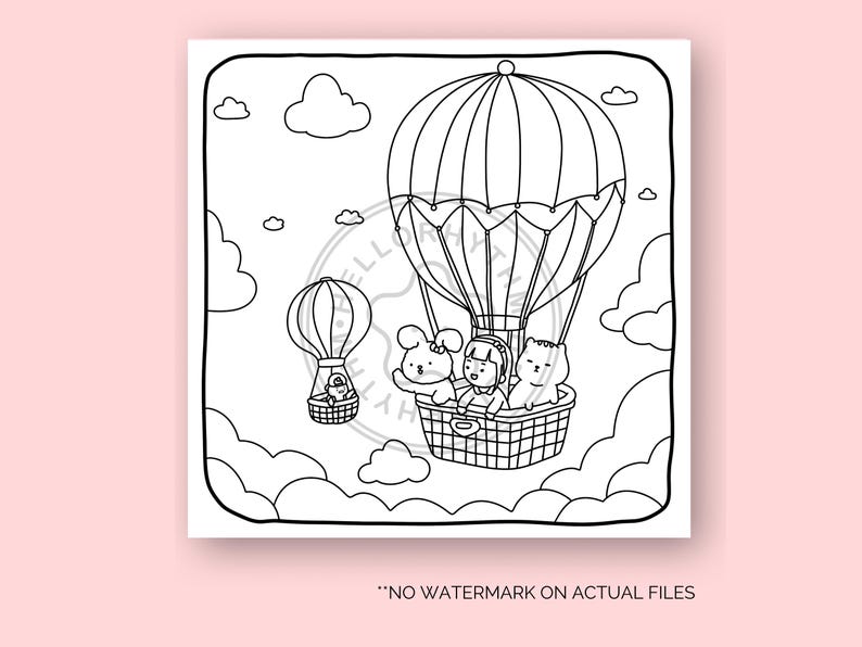 K&ouml;nnte beinhalten: Eine Schwarzwei&szlig;-Malvorlage mit einem Hei&szlig;luftballon, in dem ein M&auml;dchen, ein Kaninchen und eine Katze im Korb sitzen. Der Ballon fliegt mit Wolken am Himmel.
