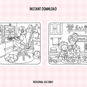 May include: Black and white line art illustration in two panels. One shows a person gaming with a cat, the other shows a person and a child in pajamas. Text reads "INSTANT DOWNLOAD" and "PERSONAL USE ONLY."