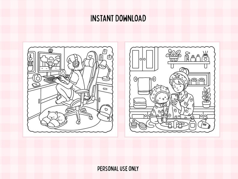 May include: Black and white line art illustration in two panels. One shows a person gaming with a cat, the other shows a person and a child in pajamas. Text reads "INSTANT DOWNLOAD" and "PERSONAL USE ONLY."
