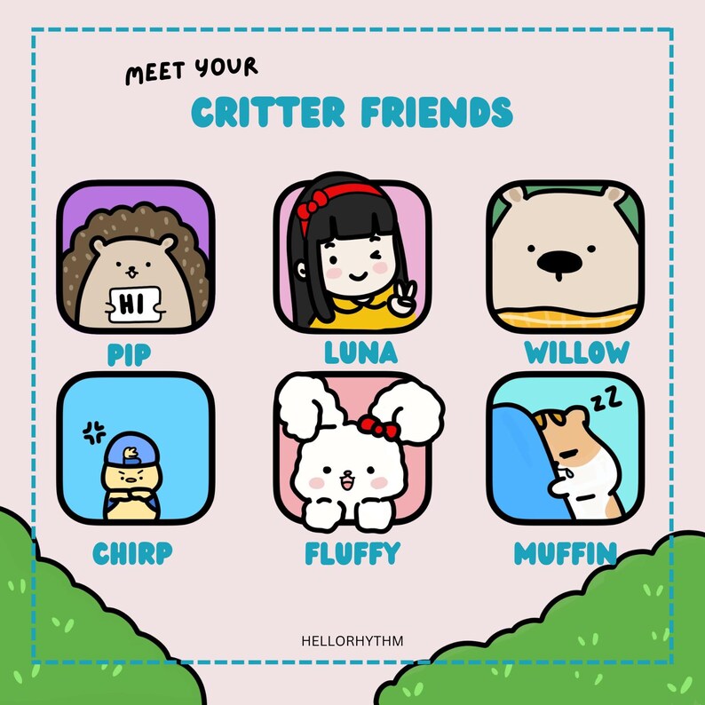 K&ouml;nnte beinhalten: Eine bunte Illustration von sechs Comic-Tieren mit ihren Namen unter jedem Bild. Die Tiere sind ein Igel namens Pip, ein M&auml;dchen namens Luna, ein B&auml;r namens Willow, ein K&uuml;ken namens Chirp, ein Kaninchen namens Fluffy und ein Hamster namens Muffin. Der Text "Meet Your Critter Friends" befindet sich oben im Bild.