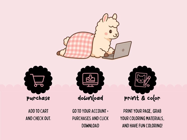 May include: A cartoon llama using a laptop, covered with a pink and white checked blanket, on a light pink background. Below are three black icons with text: purchase, download, and print & color, with instructions.