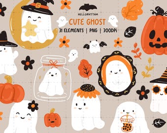 Cute Ghost Halloween Clipart Hand drawn Ghost, Pumpkin, Flowers PNG SVG Sublimation Small Commercial Use