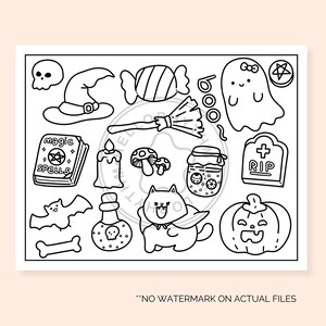 May include: Black and white line art Halloween themed stickers featuring a witch's hat, a ghost, a cat, a pumpkin, a candy, a broom, a book of spells, a jar of eyeballs, a tombstone, a bat, a bone, and a potion bottle.
