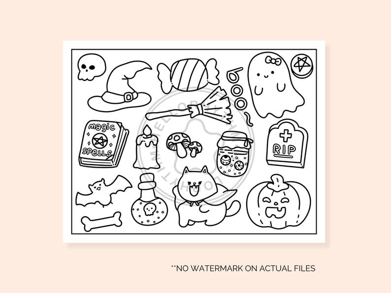 May include: Black and white line art Halloween themed stickers featuring a witch's hat, a ghost, a cat, a pumpkin, a candy, a broom, a book of spells, a jar of eyeballs, a tombstone, a bat, a bone, and a potion bottle.