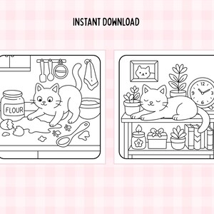 May include: Two black and white illustrations of cats. One shows a cat in a kitchen with flour and broken eggs. The other shows a cat resting on a shelf with plants, a clock, and books. Text reads "INSTANT DOWNLOAD."