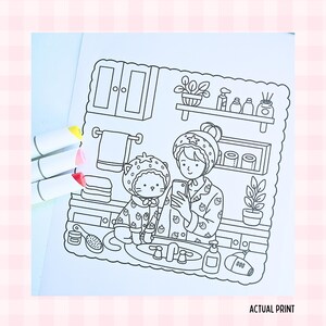 May include: Black and white illustration of a person and a cat in matching pyjamas in a bathroom. The person is holding a phone. The image includes a sink, mirror, and toiletries. Text at the bottom reads "ACTUAL PRINT."