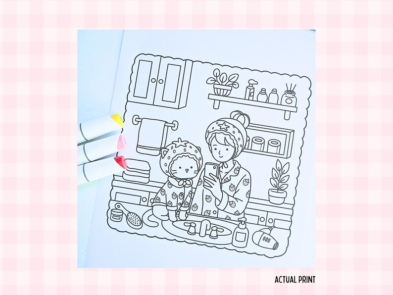 May include: Black and white illustration of a person and a cat in matching pyjamas in a bathroom. The person is holding a phone. The image includes a sink, mirror, and toiletries. Text at the bottom reads "ACTUAL PRINT."