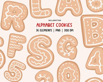 Gingerbread Alphabet Clipart Letters & Numbers  |  Hand drawn Christmas Cookie PNG