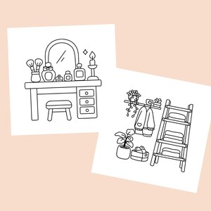 Puede incluir: Ilustraci&oacute;n en blanco y negro de dos escenas. Una representa un tocador con espejo, frascos de perfume y brochas de maquillaje. La otra muestra una estanter&iacute;a de pared con un su&eacute;ter, una escalera con toallas y plantas en macetas.