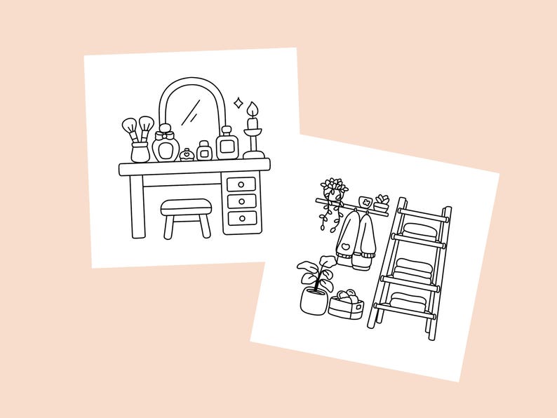 Puede incluir: Ilustraci&oacute;n en blanco y negro de dos escenas. Una representa un tocador con espejo, frascos de perfume y brochas de maquillaje. La otra muestra una estanter&iacute;a de pared con un su&eacute;ter, una escalera con toallas y plantas en macetas.