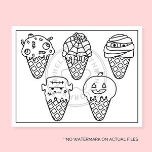 May include: Black and white line art illustration of five Halloween themed ice cream cones. The ice cream cones feature a monster, a pumpkin, a spider, a mummy, and a zombie.