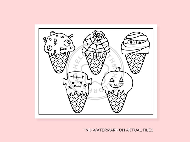 May include: Black and white line art illustration of five Halloween themed ice cream cones. The ice cream cones feature a monster, a pumpkin, a spider, a mummy, and a zombie.