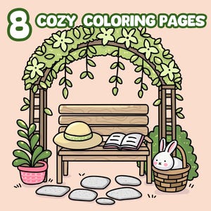 Puede incluir: Ilustraci&oacute;n de una escena de jard&iacute;n acogedora con un banco, sombrero y libro. Un conejito est&aacute; sentado en una cesta. La imagen incluye el texto "8 COZY COLORING PAGES" y etiquetas PDF/JPG. La escena est&aacute; rodeada de vegetaci&oacute;n.
