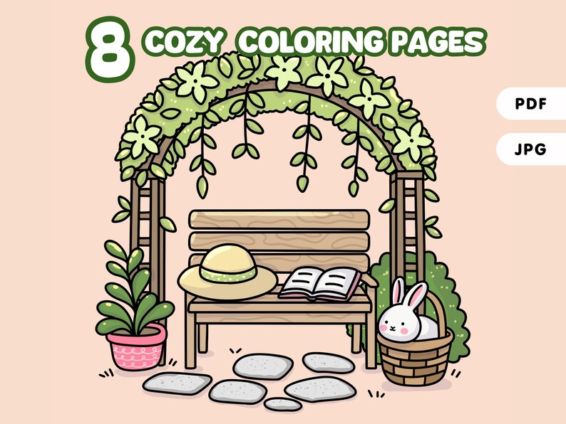 Puede incluir: Ilustraci&oacute;n de una escena de jard&iacute;n acogedora con un banco, sombrero y libro. Un conejito est&aacute; sentado en una cesta. La imagen incluye el texto "8 COZY COLORING PAGES" y etiquetas PDF/JPG. La escena est&aacute; rodeada de vegetaci&oacute;n.