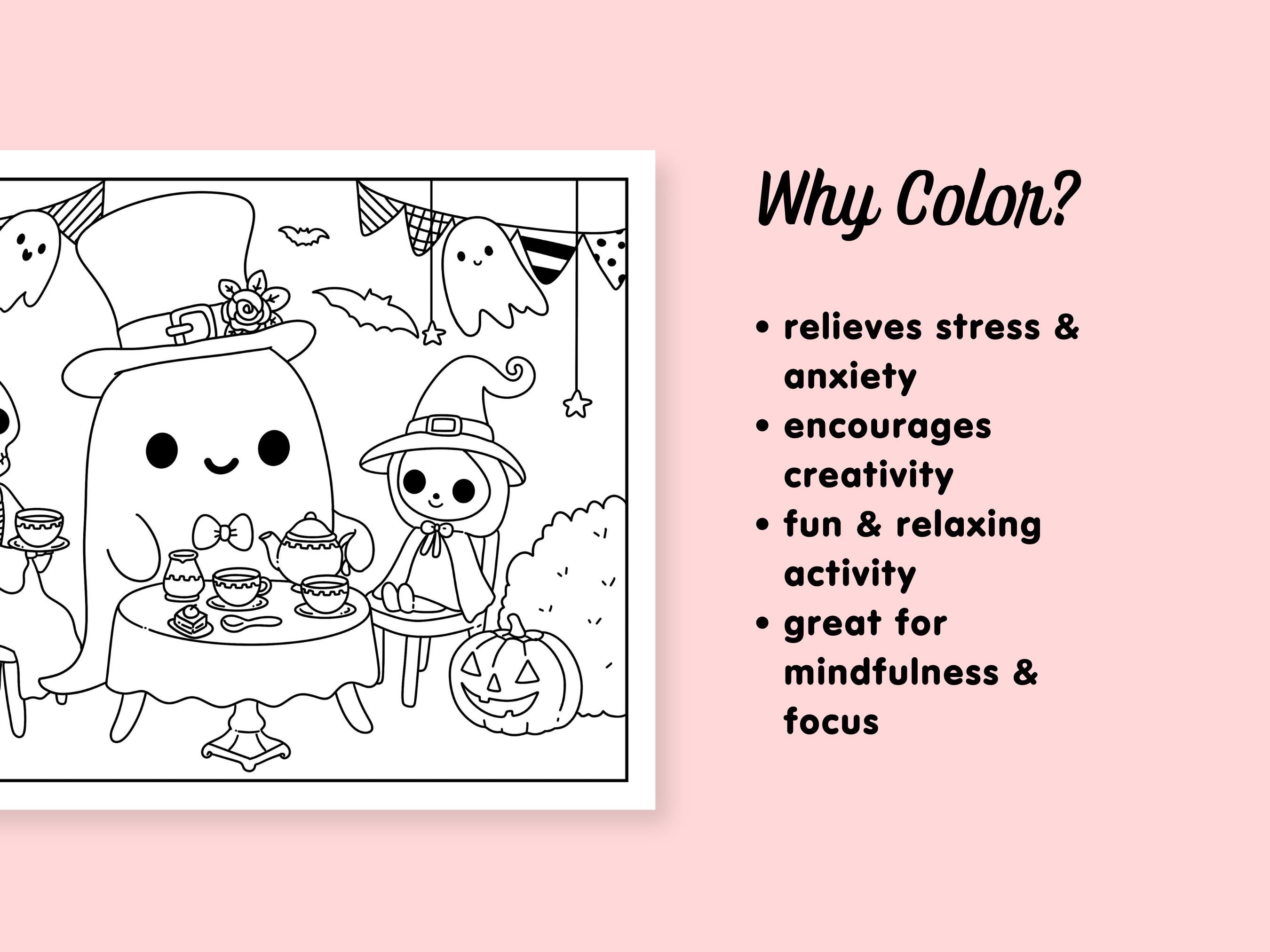 Cute Halloween Spooky Coloring Pages Kawaii Ghosts Monsters Skeletons ...