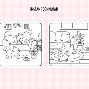 May include: Two black and white illustrations of playful cats in a home setting. One shows cats near a sofa, the other shows a cat on a rug. The text "INSTANT DOWNLOAD" is at the top.