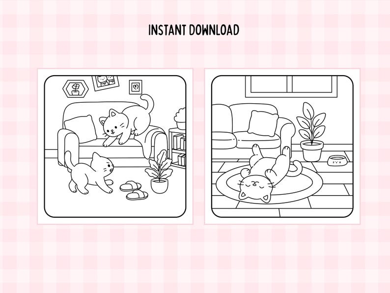 May include: Two black and white illustrations of playful cats in a home setting. One shows cats near a sofa, the other shows a cat on a rug. The text "INSTANT DOWNLOAD" is at the top.
