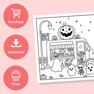 May include: Black and white coloring page featuring a ghost-themed ice cream truck with a smiling pumpkin on top. The truck is parked on Ghost Street and has a sign that says "You Scream, We Scream". There are ghosts and skeletons around the truck.