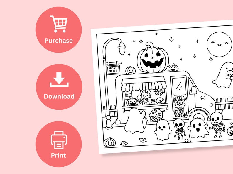 May include: Black and white coloring page featuring a ghost-themed ice cream truck with a smiling pumpkin on top. The truck is parked on Ghost Street and has a sign that says "You Scream, We Scream". There are ghosts and skeletons around the truck.