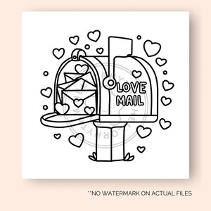 May include: A black and white line drawing of a mailbox with the words "Love Mail" on the front. The mailbox is filled with envelopes and surrounded by hearts.