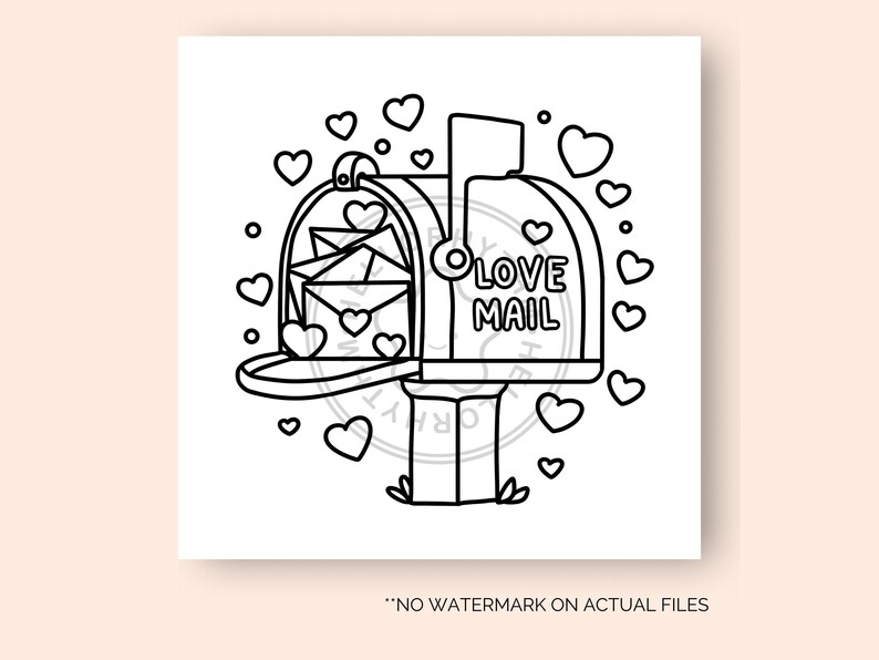 May include: A black and white line drawing of a mailbox with the words "Love Mail" on the front. The mailbox is filled with envelopes and surrounded by hearts.