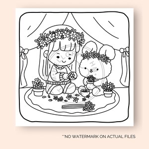 May include: A black and white coloring page featuring a girl with a flower crown and a bunny rabbit, both holding flowers. They are sitting on a rug with flowers scattered around them.