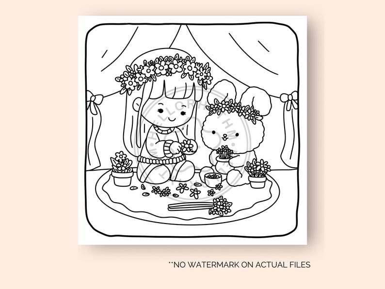 May include: A black and white coloring page featuring a girl with a flower crown and a bunny rabbit, both holding flowers. They are sitting on a rug with flowers scattered around them.