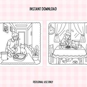 May include: Black and white line art illustrations. One shows a person cleaning a cat litter box with a cat nearby. The other shows a person and a cat eating at a table. Text reads "INSTANT DOWNLOAD" and "PERSONAL USE ONLY".