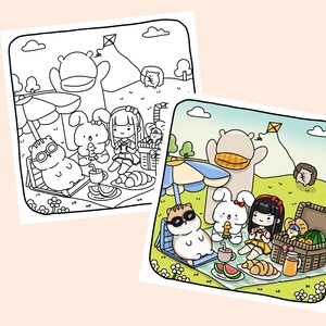 May include: A colorful illustration of a picnic scene with a group of animal friends. There is a brown bear wearing a yellow hat, a white rabbit holding a carrot, a girl with brown hair wearing a yellow dress, a cat wearing sunglasses, and a brown and white hedgehog. The picnic blanket is green and white with a basket of food, watermelon, and bread.